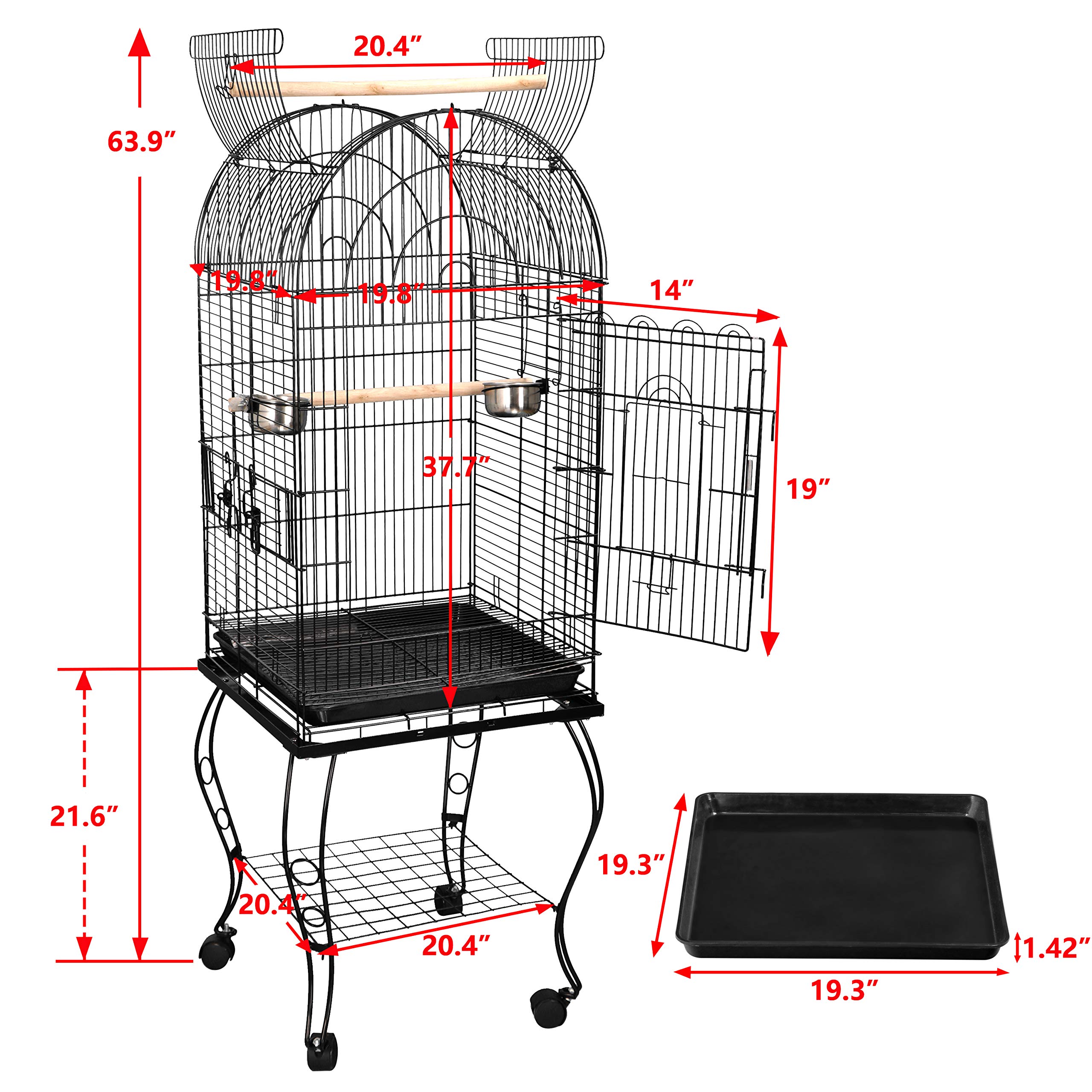 SUPER DEAL 63.5'' Rolling Bird Cage Large Wrought Iron Cage for Cockatiel Sun Conure Parakeet Finch Budgie Lovebird Canary Medium Pet House with Rolling Stand & Storage Shelf