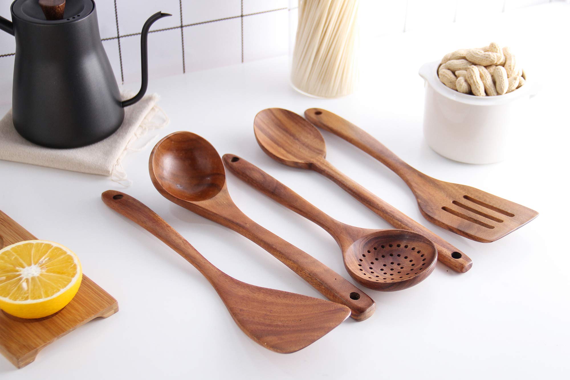 Healthy Cooking Utensils Set,Tmkit Wooden Cooking Tools - Natural Nonstick Hard Wood Spatula and Spoons - Durable Eco-friendly and Safe Kitchen Cooking spoon (set of 5)