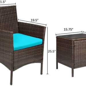 Devoko Patio Porch Furniture Sets 3 Pieces PE Rattan Wicker Chairs with Table Outdoor Garden Furniture Sets (Brown/Blue)