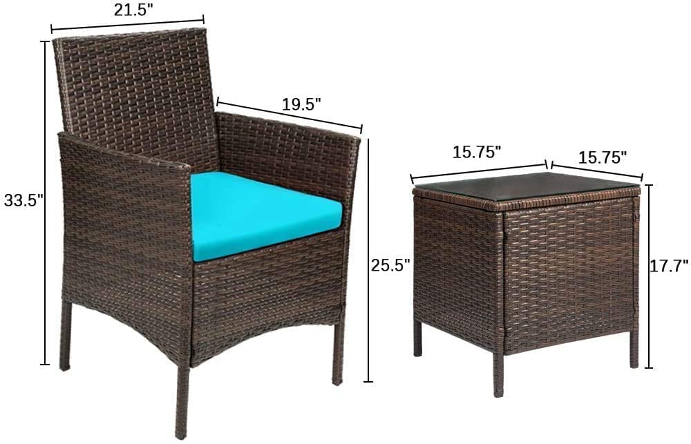 Devoko Patio Porch Furniture Sets 3 Pieces PE Rattan Wicker Chairs with Table Outdoor Garden Furniture Sets (Brown/Blue)