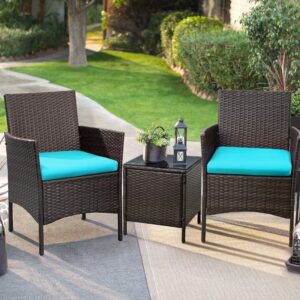 Devoko Patio Porch Furniture Sets 3 Pieces PE Rattan Wicker Chairs with Table Outdoor Garden Furniture Sets (Brown/Blue)