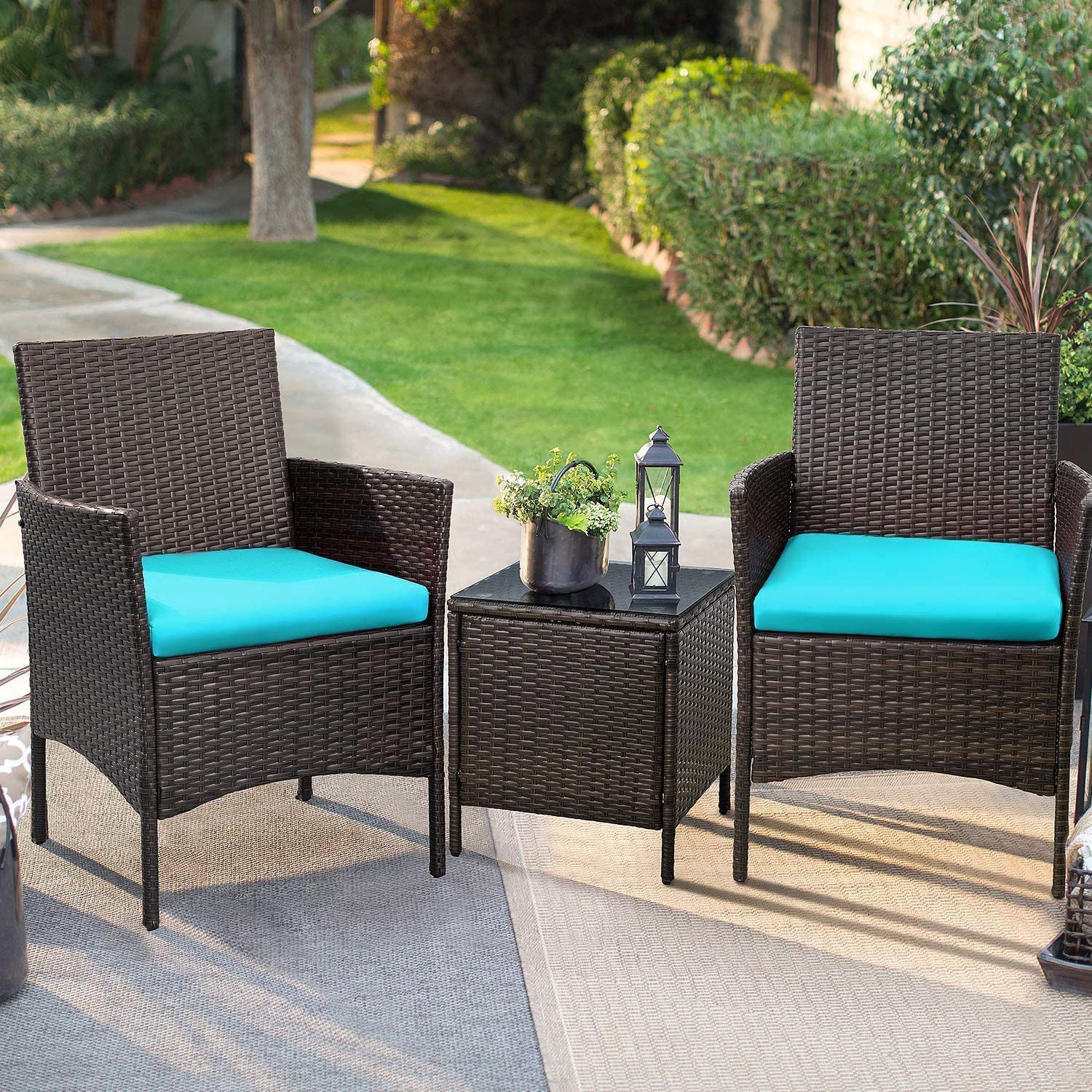 Devoko Patio Porch Furniture Sets 3 Pieces PE Rattan Wicker Chairs with Table Outdoor Garden Furniture Sets (Brown/Blue)