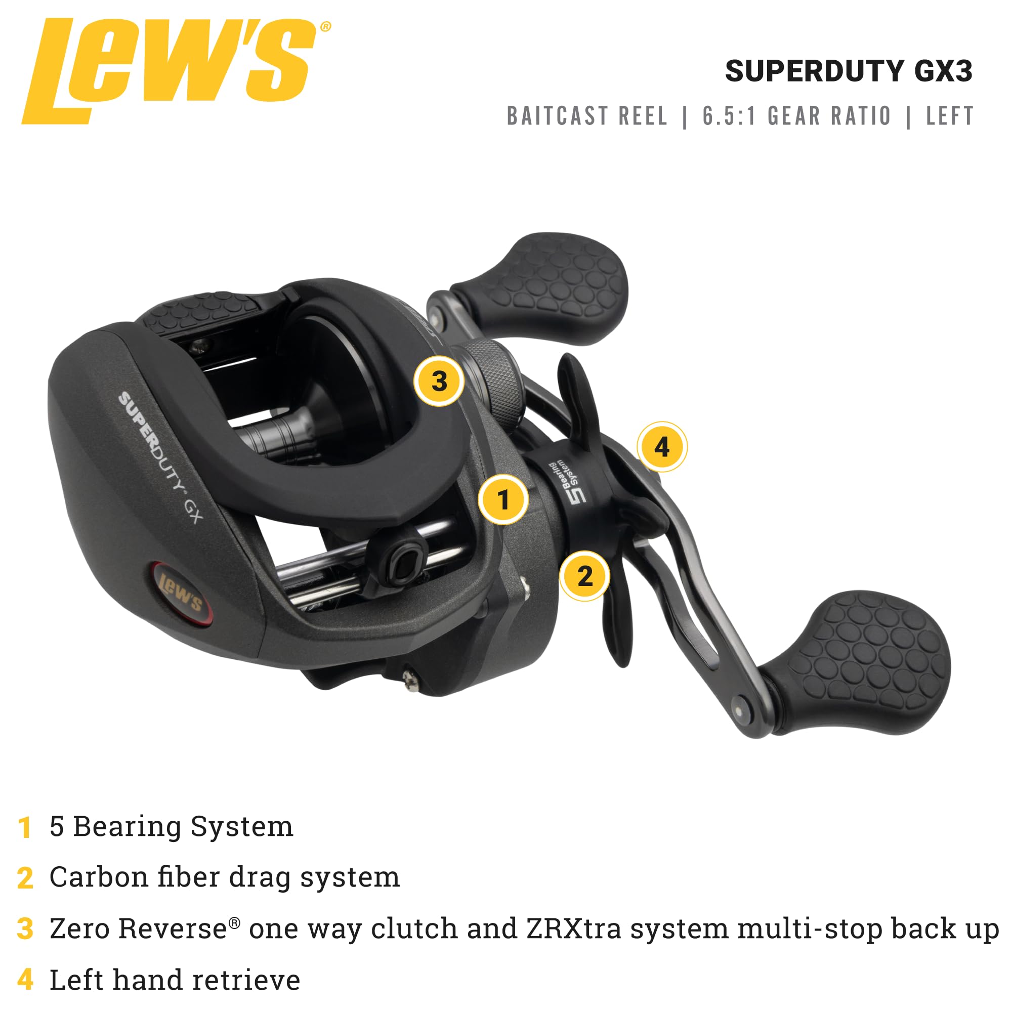 Lew's SuperDuty GX3 Baitcast Fishing Reel, Left-Hand Retrieve, 6.5:1 Gear Ratio, 5 Bearing System with Stainless Steel Double Shielded Ball Bearings