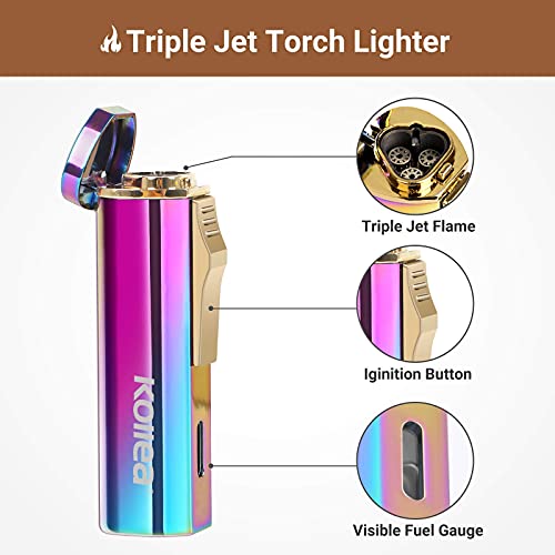 Kollea Torch Lighter, Triple Jet Butane Lighter Refillable Windproof Lighter, Rainbow Pocket Lighter with Adjustable Flame, Great Gift for Men for Birthday, Christmas (Butane Gas Not Included)