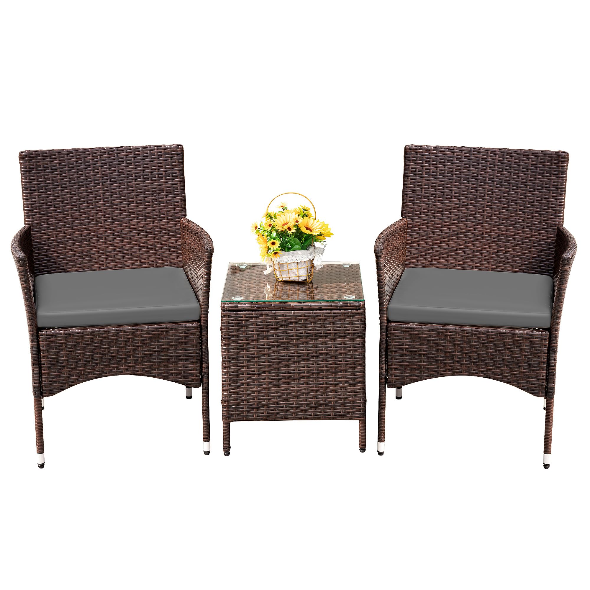 Devoko Patio Porch Furniture Sets 3 Pieces PE Rattan Wicker Chairs with Table Outdoor Garden Furniture Sets (Brown/Grey)