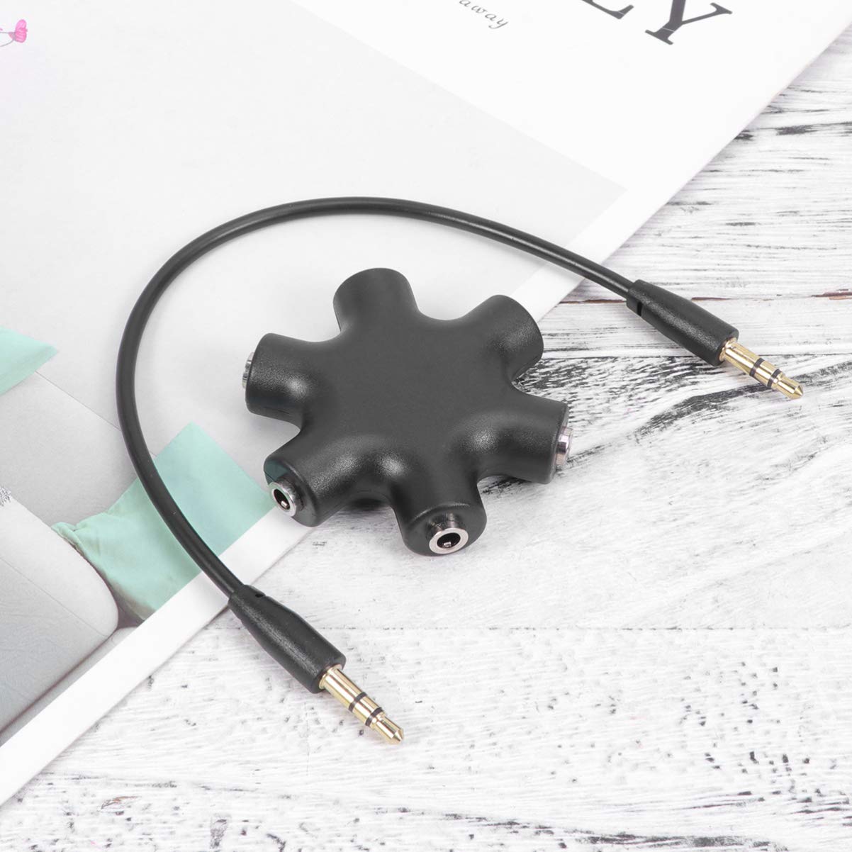 UKCOCO Headphones Headset Splitter Hexagonal Headphone Splitter 5-way 6-port Multi Earphone Audio Splitter for Phone Pc Tablet Music Player (Black) Headphone Adapter