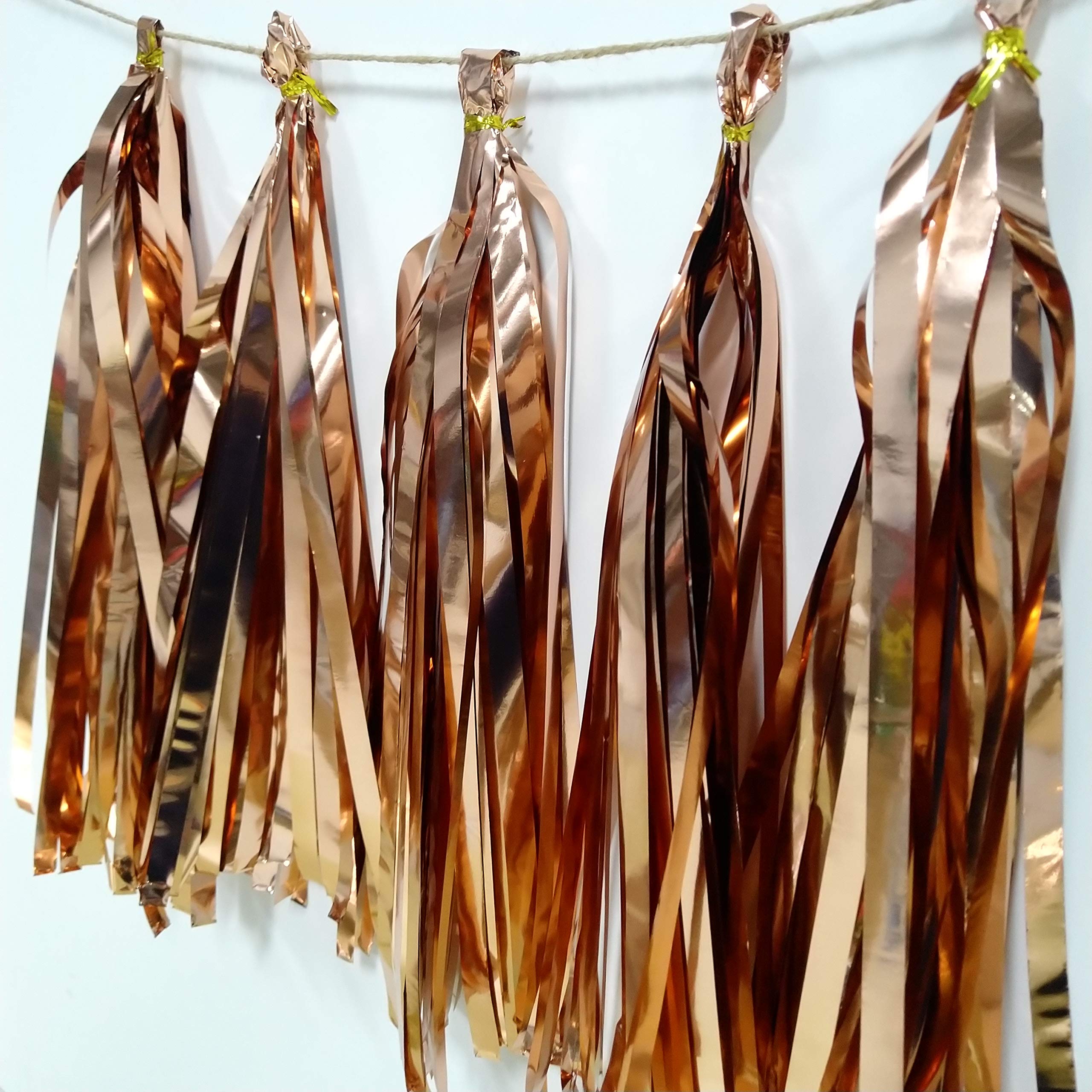 20 pcs Shiny Paper Tassels Fringe Banner, DIY Kit Party Metallic Foil Hanging Garland, Table Decor, Party Wall Backdrop Decorations, for Bachelorette Wedding Christmas Halloween New Year (Rose Gold)