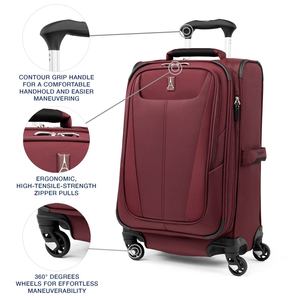 Travelpro Maxlite 5 Softside Expandable Carry on Luggage with 4 Spinner Wheels, Lightweight Suitcase, Men and Women, Burgundy, Carry On 21-Inch