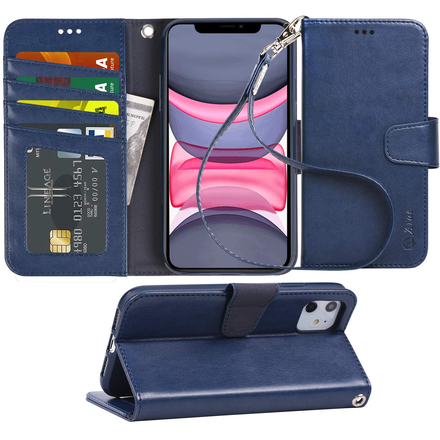 Arae Case for iPhone 11 PU Leather Wallet Case Cover [Stand Feature] with Wrist Strap and [4-Slots] ID&Credit Cards Pocket for iPhone 11 6.1 inch 2019 released (Blue)