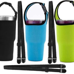 3 PackTumbler 30oz Carrier Holder Pouch with Shoulder Strap for YETI, Rtic, Atlin, Ozark Trail, Rambler 30 oz Insulated Tumbler Coffee Cup, Neoprene Sleeve with Carrying Handle - Black Blue Green