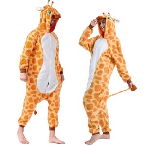 spooktacular creations unisex adult giraffe jumpsuit pajama plush giraffe costume with hat and tail for dress up party role playing themed parties halloween costume (medium) yellow