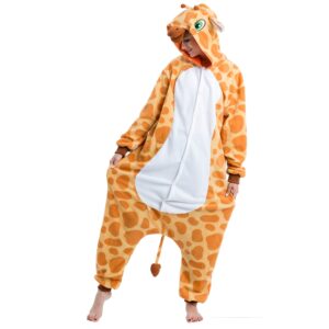 Spooktacular Creations Unisex Adult Giraffe Jumpsuit Pajama Plush Giraffe Costume with Hat and Tail for Dress Up Party Role Playing Themed Parties Halloween Costume (Medium) Yellow