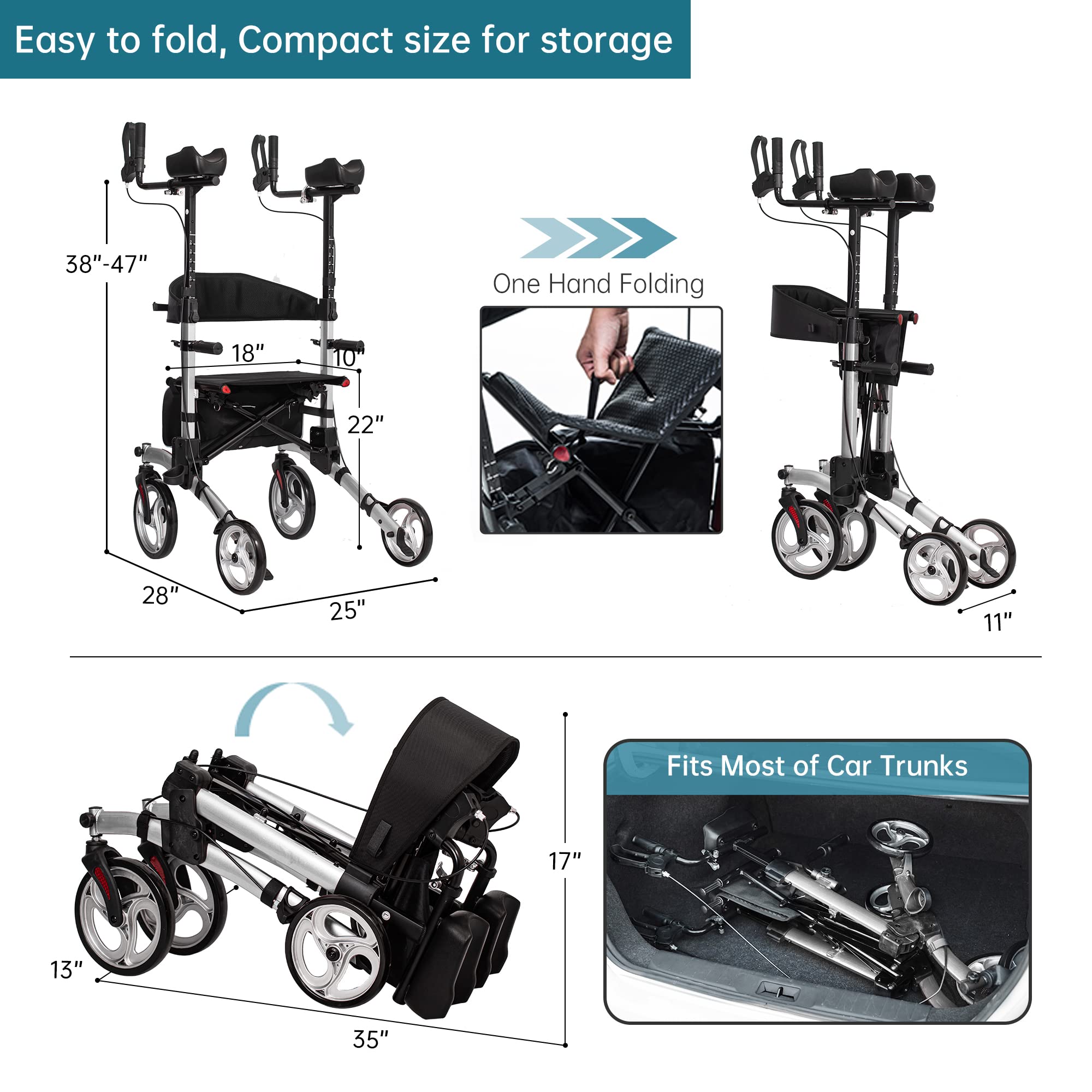 ELENKER Upright Walker, Stand Up Folding Rollator Walker with 10” Front Wheels Backrest Seat and Padded Armrests for Seniors and Adults, Silver