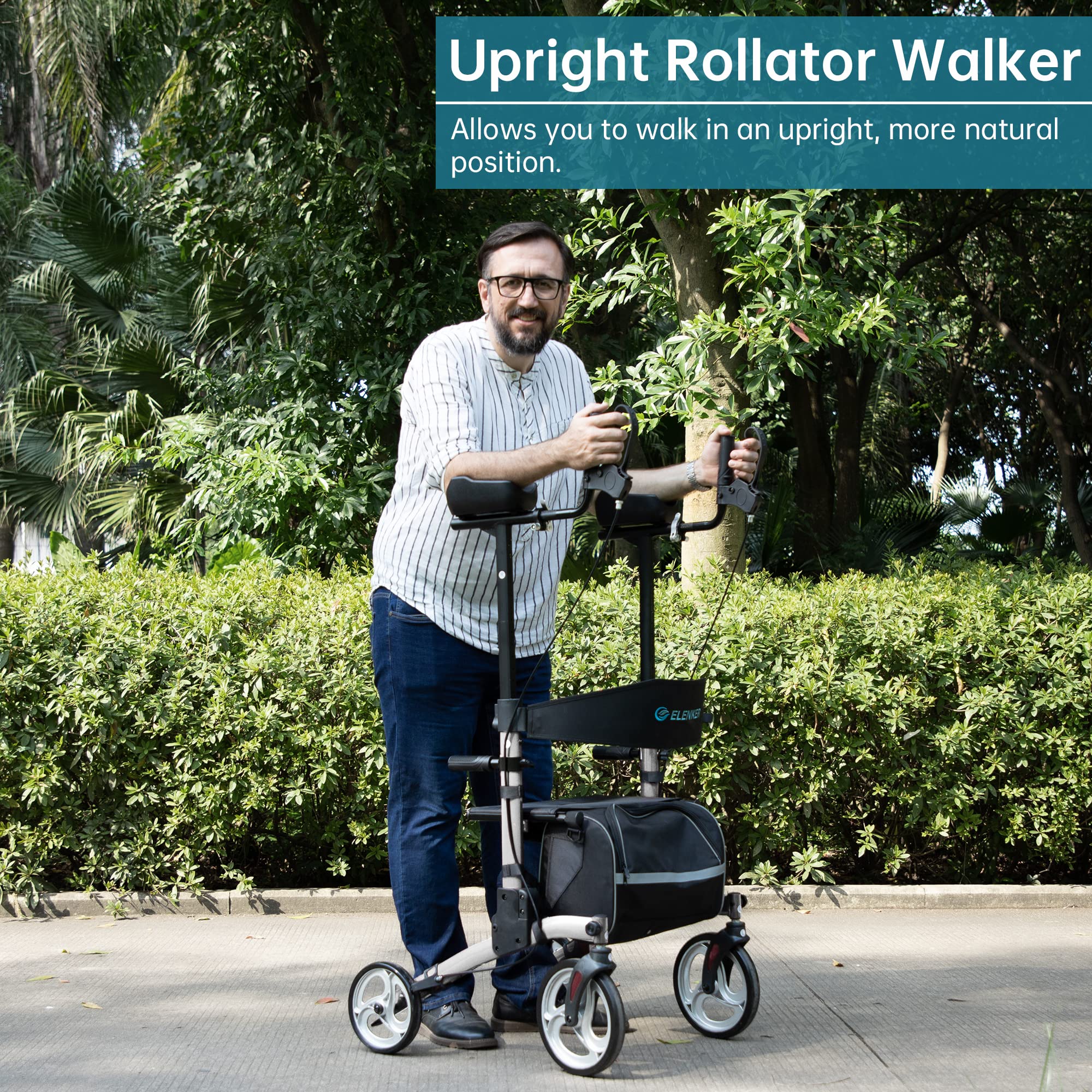 ELENKER Upright Walker, Stand Up Folding Rollator Walker with 10” Front Wheels Backrest Seat and Padded Armrests for Seniors and Adults, Silver