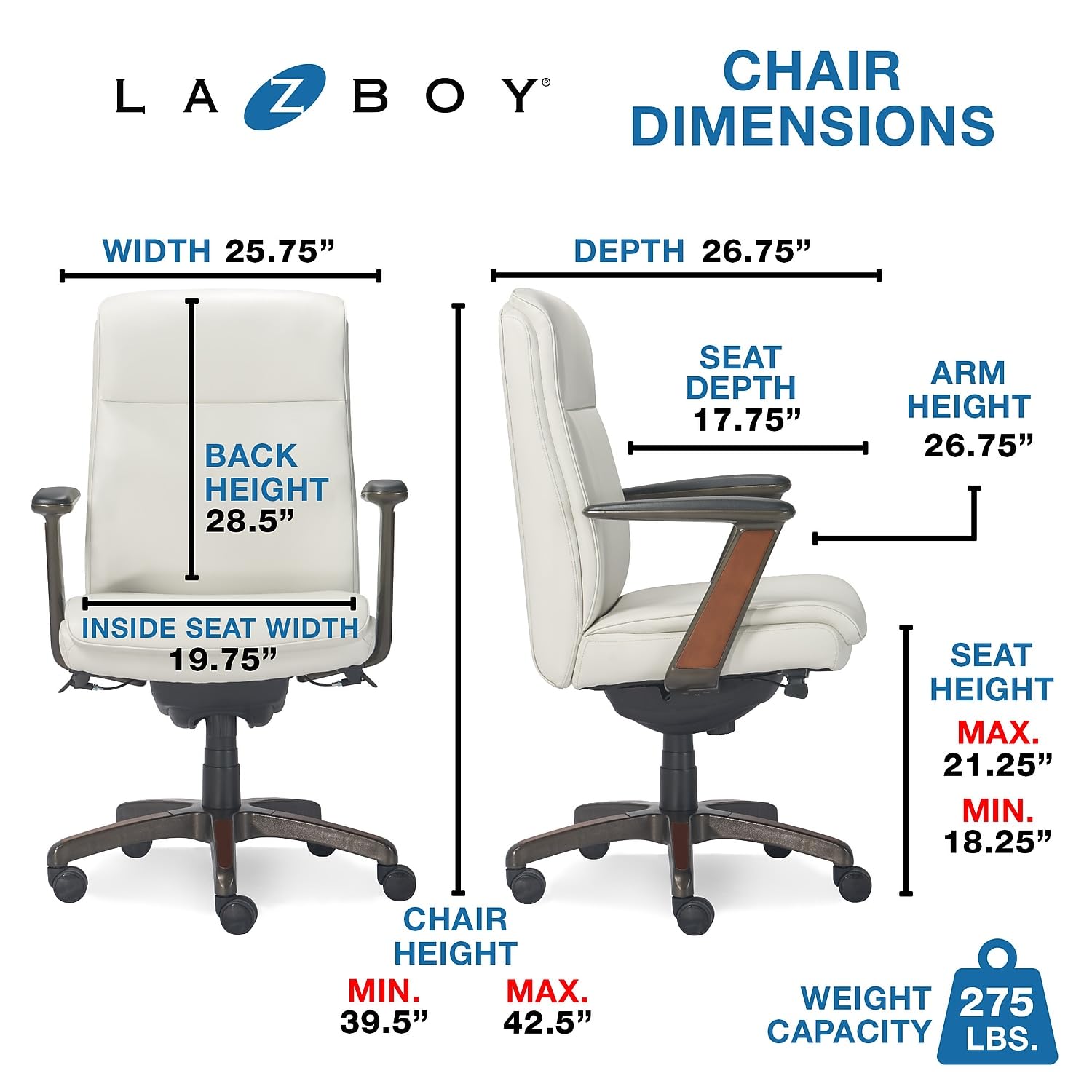 La-Z-Boy Dawson Modern Executive Office, Adjustable High Back Ergonomic Computer Chair with Lumbar Support, White Bonded Leather with Wood Inlay