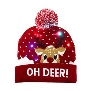 ourwarm led christmas hat, light up christmas hat unisex red knitted beanie holiday hat with deer printing for party christmas gifts