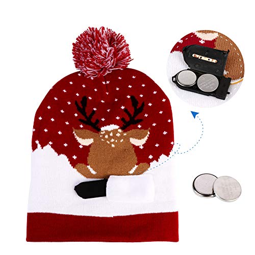 OurWarm LED Christmas Hat, Light Up Christmas Hat Unisex Red Knitted Beanie Holiday Hat with Deer Printing for Party Christmas Gifts