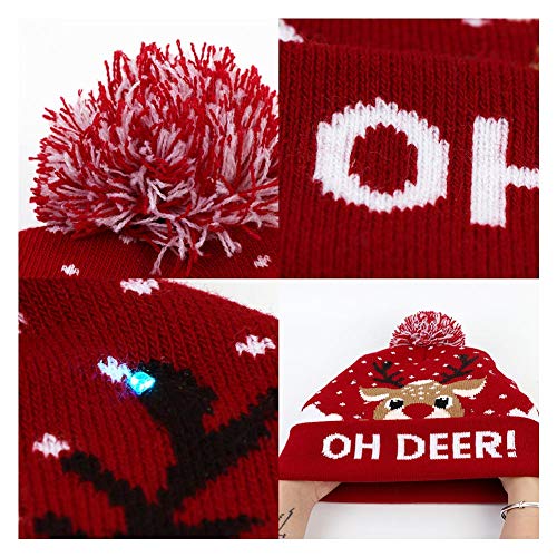 OurWarm LED Christmas Hat, Light Up Christmas Hat Unisex Red Knitted Beanie Holiday Hat with Deer Printing for Party Christmas Gifts