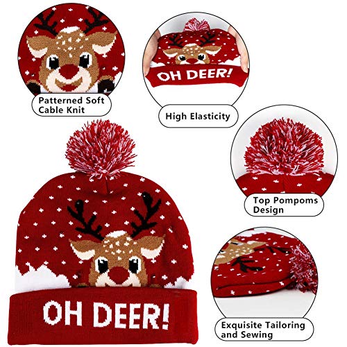 OurWarm LED Christmas Hat, Light Up Christmas Hat Unisex Red Knitted Beanie Holiday Hat with Deer Printing for Party Christmas Gifts