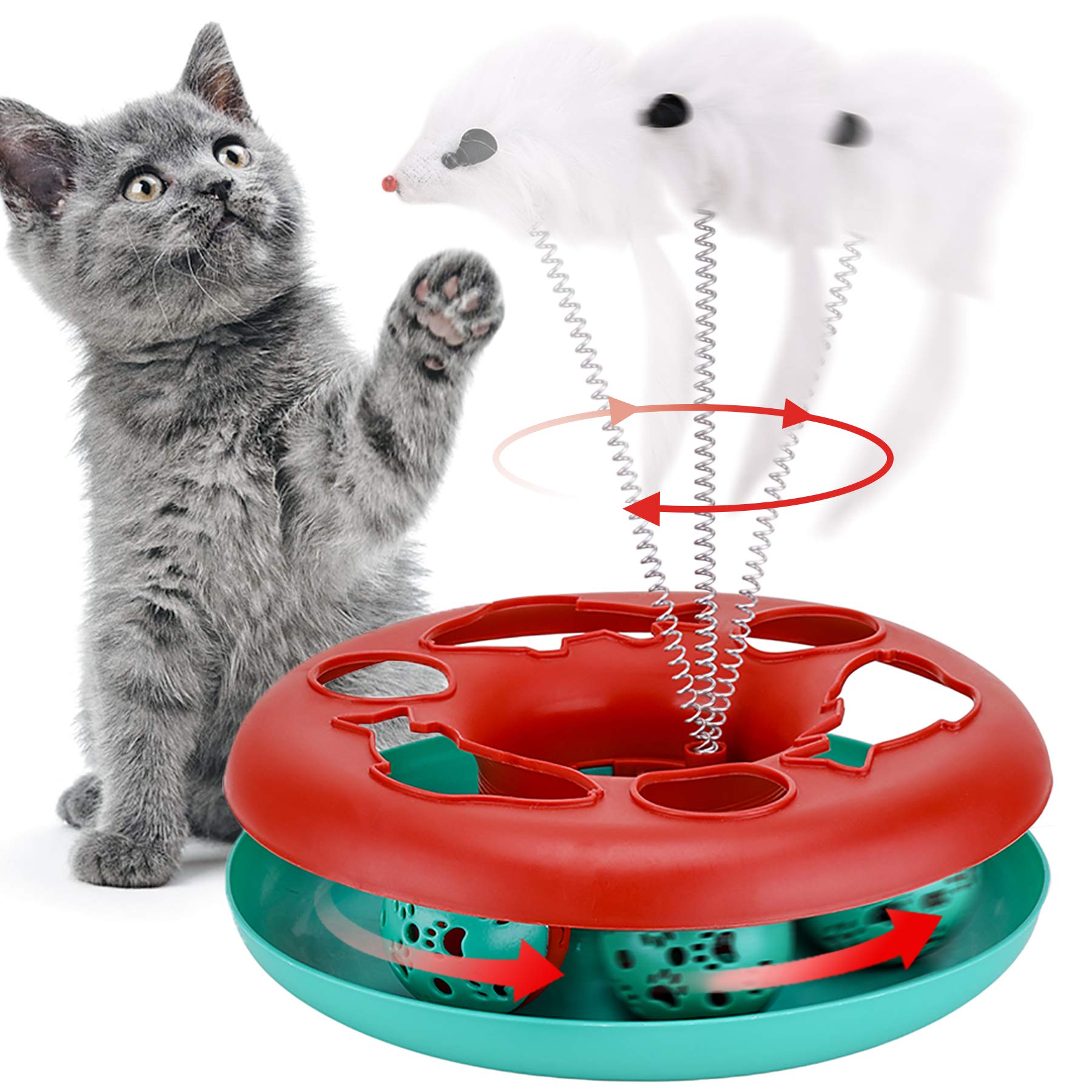 Cat Toys, Cat Toys for Indoor Cats,Interactive Kitten Toys Roller Tracks with Catnip Spring Pet Toy with Exercise Balls Teaser Mouse (red)