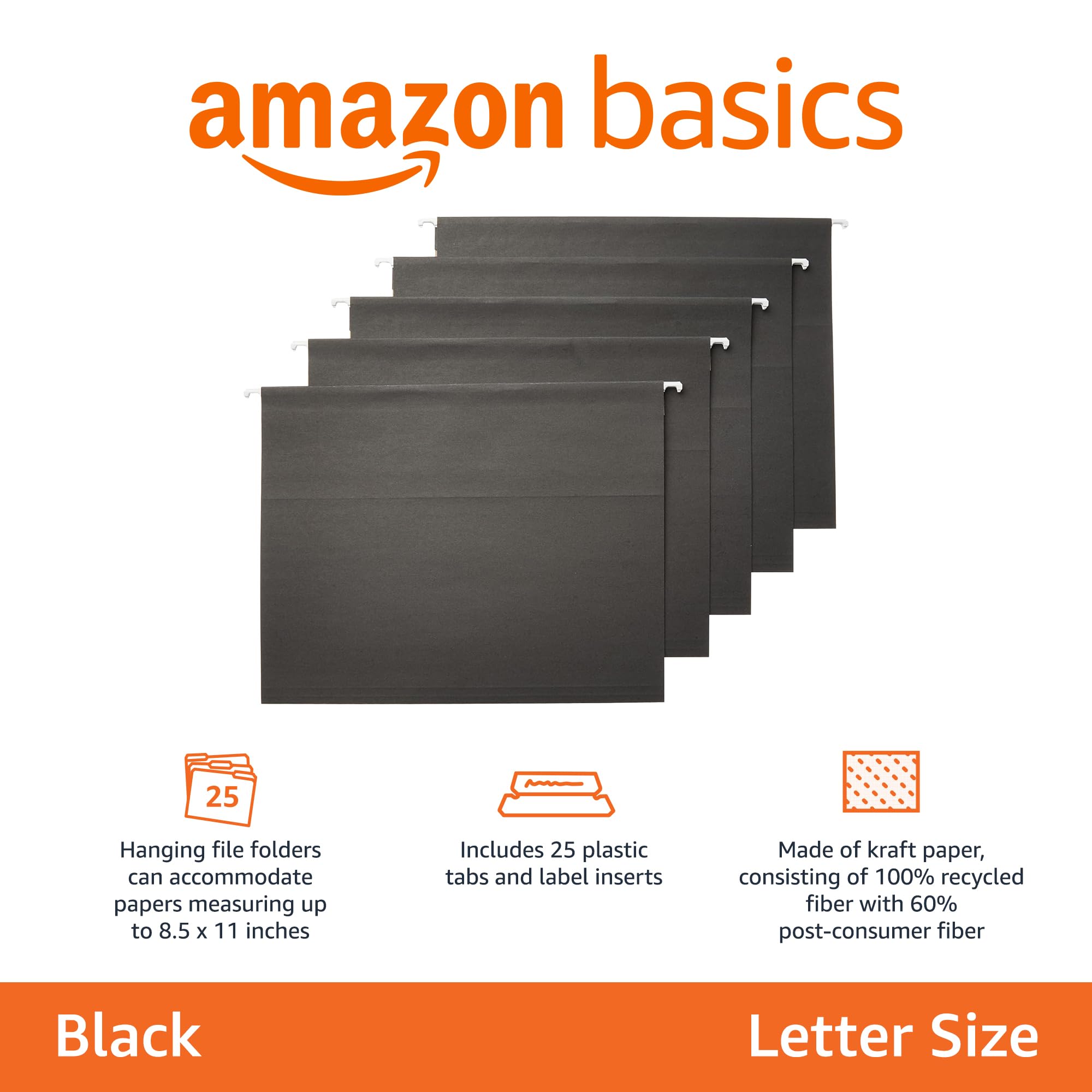 Amazon Basics Hanging File Folders, Letter Size, Black, 25-Pack