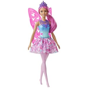 barbie dreamtopia fairy doll, 12-inch, with pink and blue jewel theme, pink hair and wings, gift for 3 to 7 year olds, multi