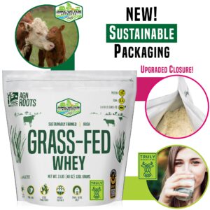 AGN Roots Grass Fed Whey Protein Powder Isolate - Unflavored - Unsweetened - Certified Entire Life On Pasture - A Greener World - ASPCA Registered Brand List - Informed-Sport - 3lbs