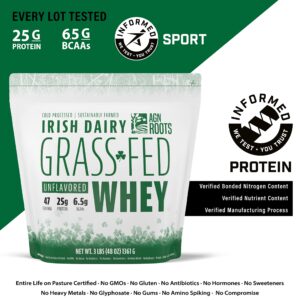 AGN Roots Grass Fed Whey Protein Powder Isolate - Unflavored - Unsweetened - Certified Entire Life On Pasture - A Greener World - ASPCA Registered Brand List - Informed-Sport - 3lbs