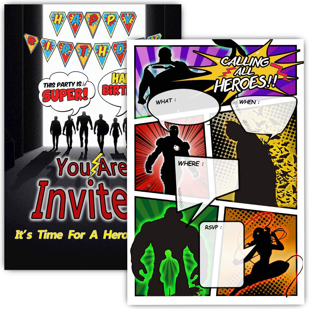 ukebobo 30 Superhero Birthday Party Invitations with Envelopes - Double Sided- Comic Book Style Superhero Party Invites - Superhero Party Supplies