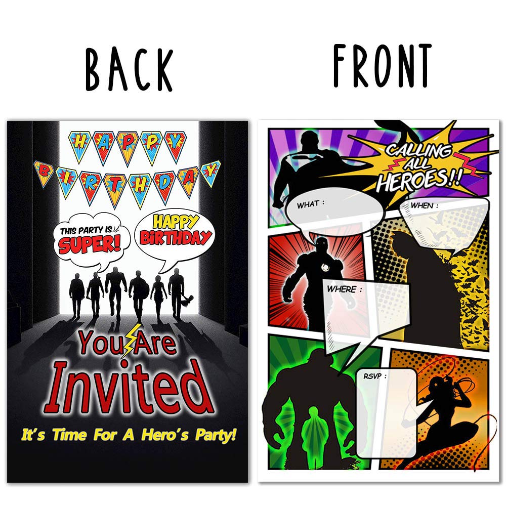 ukebobo 30 Superhero Birthday Party Invitations with Envelopes - Double Sided- Comic Book Style Superhero Party Invites - Superhero Party Supplies