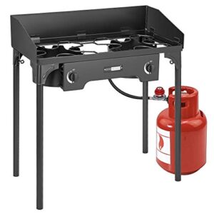 vivohome double burner stove 150,000 btu/hr, heavy duty outdoor dual propane with windscreen and detachable legs stand for camping cookout