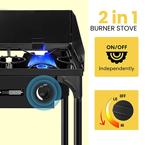 VIVOHOME Double Burner Stove 150,000 BTU/hr, Heavy Duty Outdoor Dual Propane with Windscreen and Detachable Legs Stand for Camping Cookout