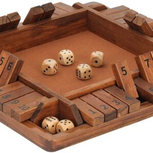 TUAHOO 4-Player Shut The Box Dice Game Wooden Board Dice Game with Number Flip, Classics Tabletop Board Game for Kids Adults Family Party Classroom Home or Pub Bar, 12 inch