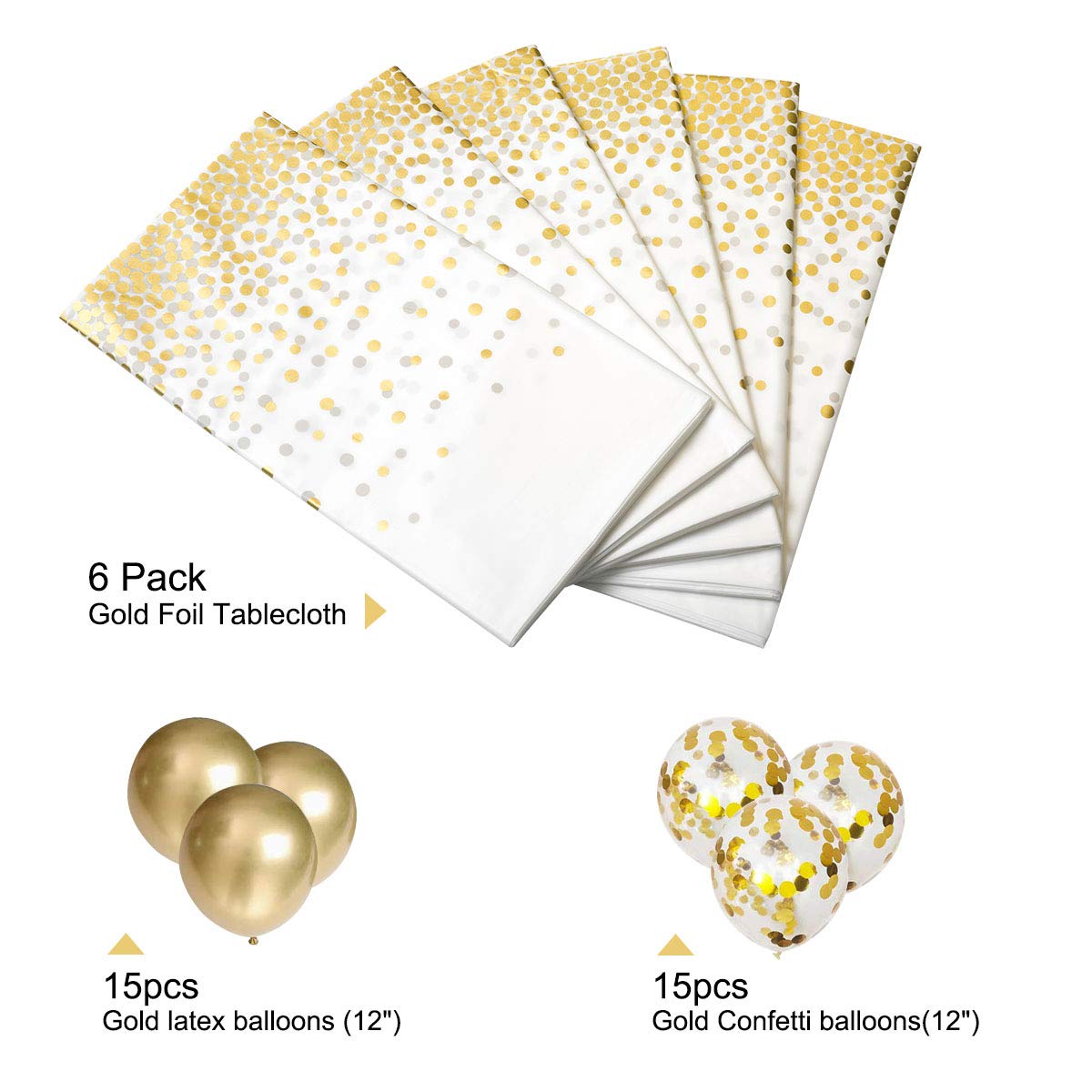 HOMIX Plastic Tablecloths for Rectangle Tables, 6 Pack Disposable Party Table Cloths, Gold Dot Confetti Table Covers with 30 Balloons for Birthday Parties Wedding Anniversary Baby Shower, 54" x 108"