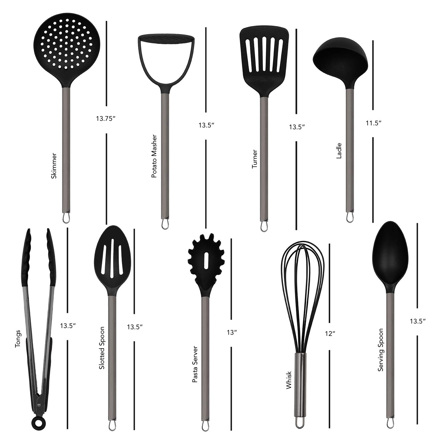 Country Kitchen 10 Piece Nylon Cooking Utensil Set with Holder, Kitchen Tools and Gadgets with Rounded Gunmetal Handles - Black