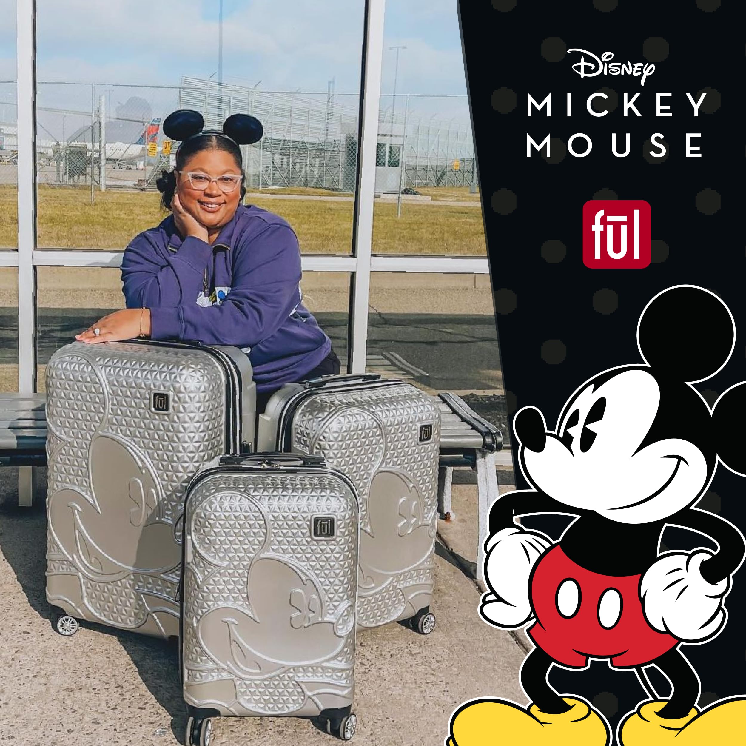 FUL Disney Mickey Mouse 25 Inch Rolling Luggage, Hardside Suitcase with Spinner Wheels, Silver