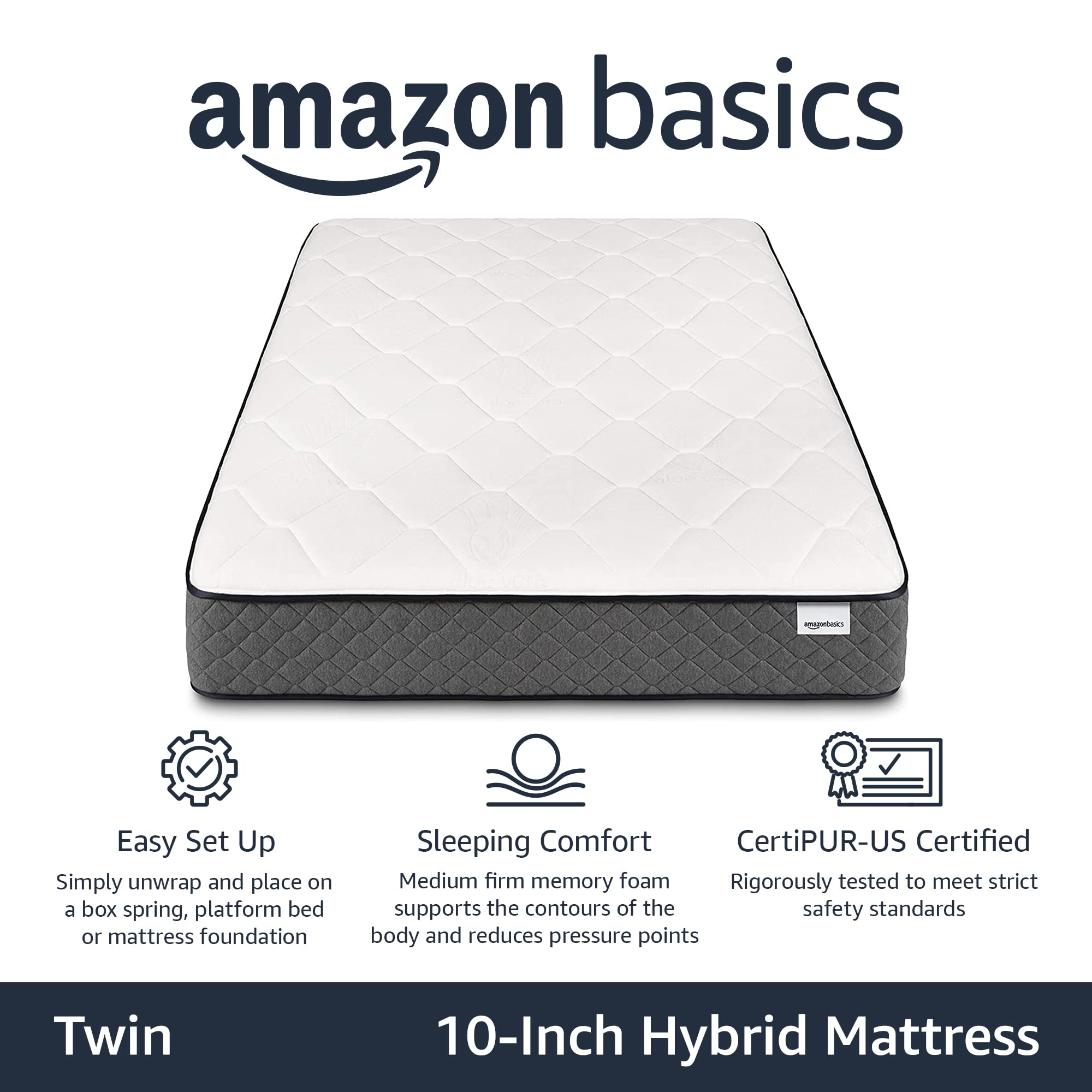 Amazon Basics Hybrid Mattress, Medium Feel, Memory Foam, Motion Isolation Springs, 10 Inch, Twin, White & Gray