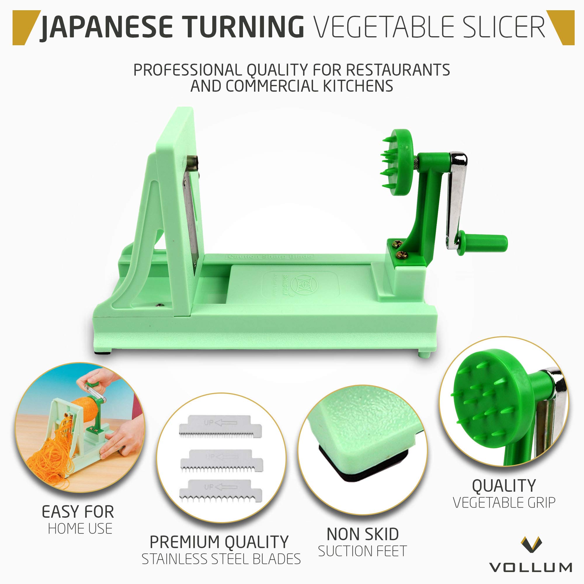 Vollum Japanese Turning Vegetable Spiralizer, Veggie Spiralizer For Fresh Zucchini, Squash, Butternut Squash with 1 Straight-Edged Blade and 3 Serrated Blades