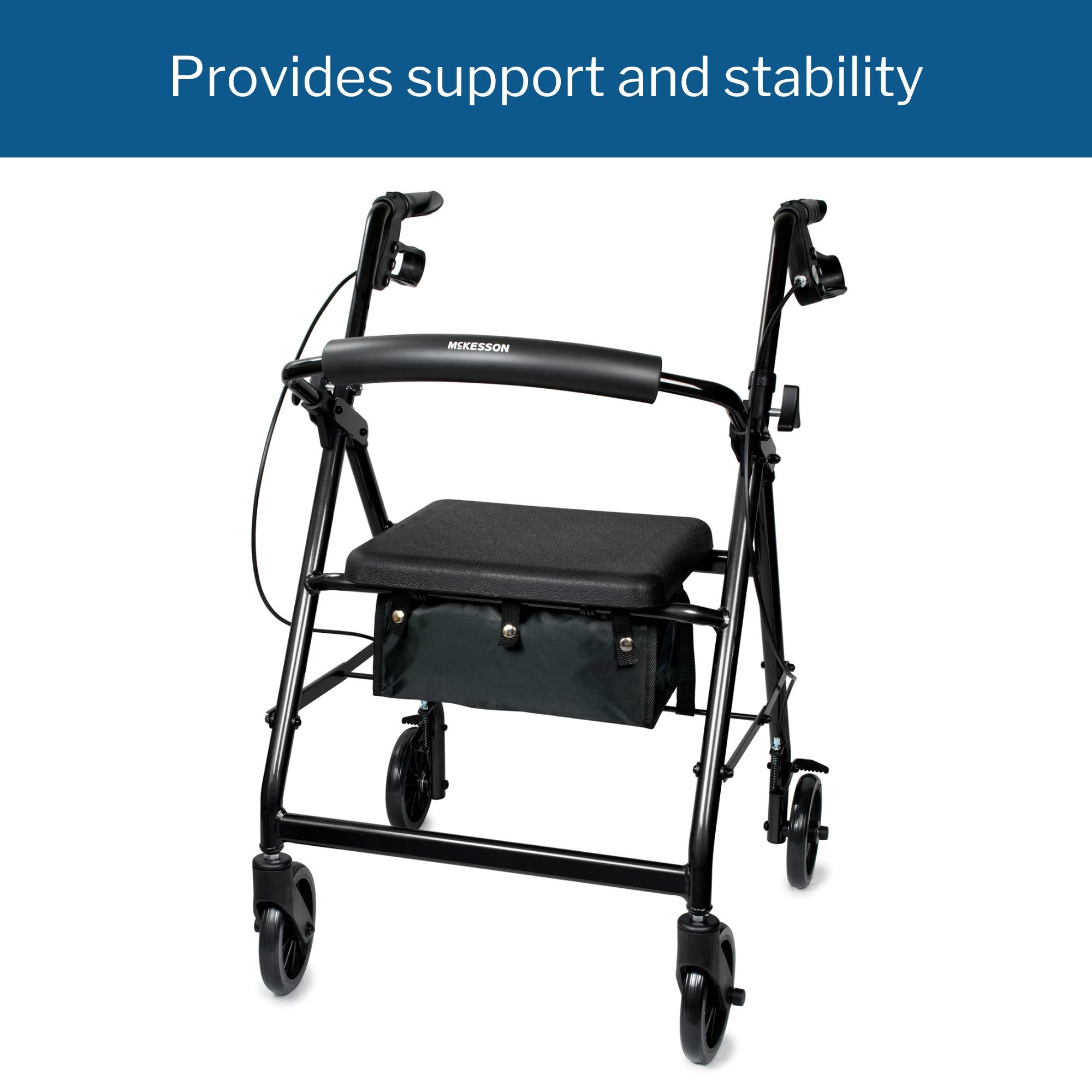 McKesson Rollator Walker with Seat and Wheels, Lightweight, Aluminum, 300 lbs Weight Capacity, Black, 1 Count