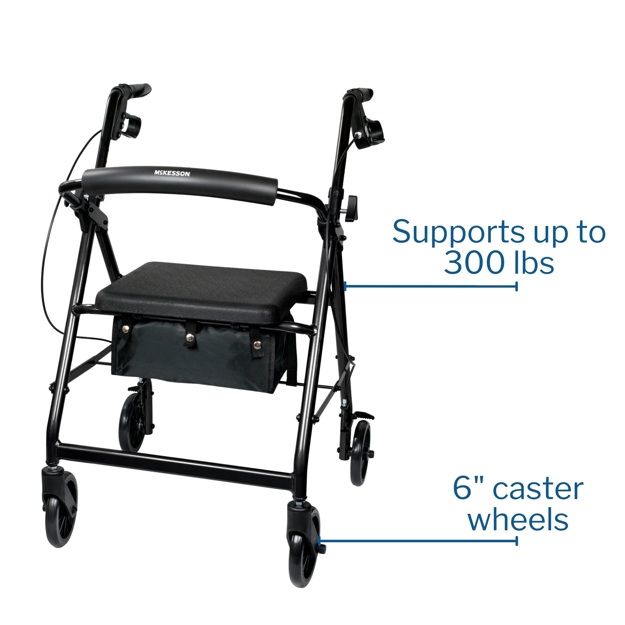 McKesson Rollator Walker with Seat and Wheels, Lightweight, Aluminum, 300 lbs Weight Capacity, Black, 1 Count