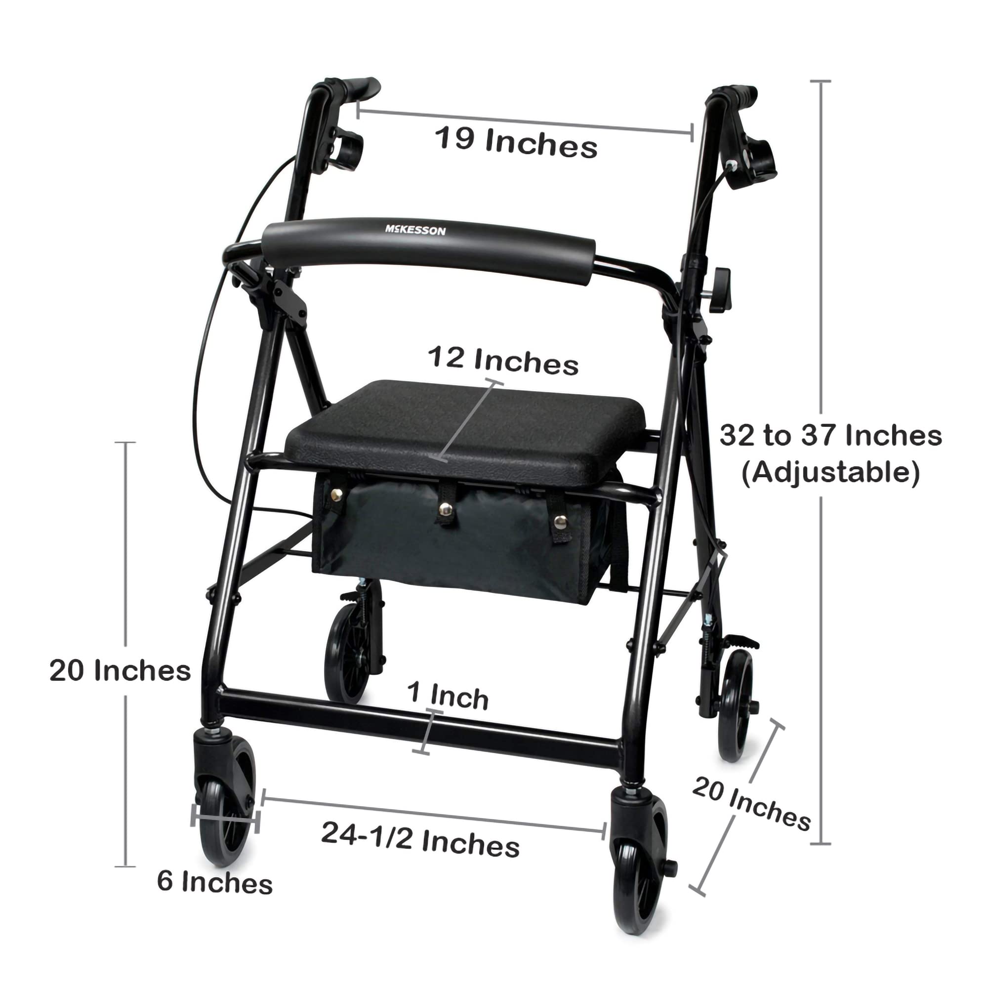 McKesson Rollator Walker with Seat and Wheels, Lightweight, Aluminum, 300 lbs Weight Capacity, Black, 1 Count