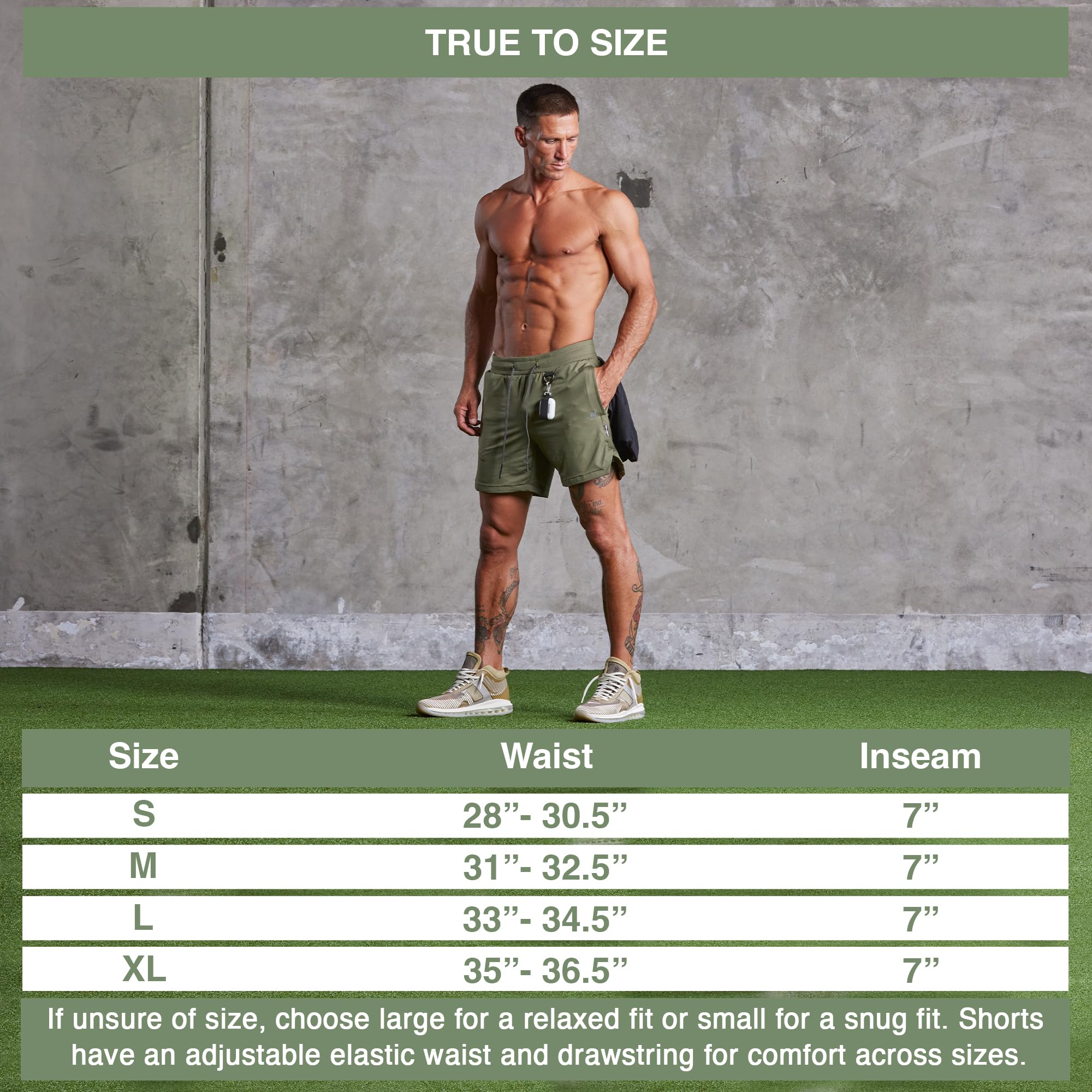 Born Tough 2 in 1 Mens Workout Shorts, 7 Inch Inseam Gym Shorts, Athletic Shorts for Bodybuilding, Running with Liner Pocket Military Green