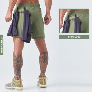 Born Tough 2 in 1 Mens Workout Shorts, 7 Inch Inseam Gym Shorts, Athletic Shorts for Bodybuilding, Running with Liner Pocket Military Green