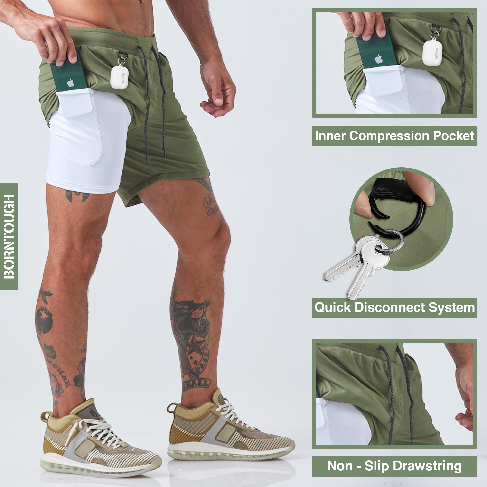 Born Tough 2 in 1 Mens Workout Shorts, 7 Inch Inseam Gym Shorts, Athletic Shorts for Bodybuilding, Running with Liner Pocket Military Green