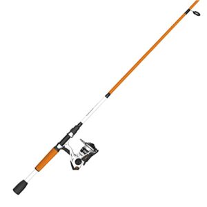 zebco roam spinning reel and fishing rod combo, 6-foot 6-inch 2-piece fiberglass fishing pole, split comfortgrip rod handle, soft-touch handle knob, size 30 reel, aluminum spool, orange