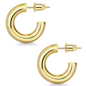 wowshow Chunky Gold Hoop Earrings, Small Gold Hoop Earrings for Women 14K Real Gold Plated 20mm Thick Open Hoops Lightweight