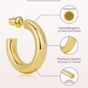 wowshow Chunky Gold Hoop Earrings, Small Gold Hoop Earrings for Women 14K Real Gold Plated 20mm Thick Open Hoops Lightweight