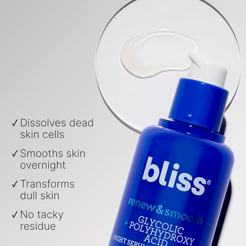 Bliss Renew & Smooth Night Face Serum- AHA Glycolic + Polyhydroxy Acid - Exfoliating, Brightens Resurfacing Dull Dry Skin, For Hydrating Radiant Glowing Skin - Vegan & Dermatologist Tested - 1 Floz