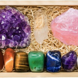 CRYSTALYA Large Premium Crystals and Healing Stones in Wooden Gift Box + 50pg EBOOK – 7 Chakra Tumbled Gemstones, Amethyst Crystal, Rose Quartz, Quartz Crystal Point, and Info Guide, Made in U.S.A.