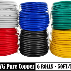 GS Power 16 AWG (American Wire Gauge) OFC Pure Copper Automotive Primary Wire 6 Roll Color Combo (50 Feet Roll, 300 FT Total) for 12V Car Audio Video Trailer Harness Wiring (Also in 14 & 18 GA Combo)